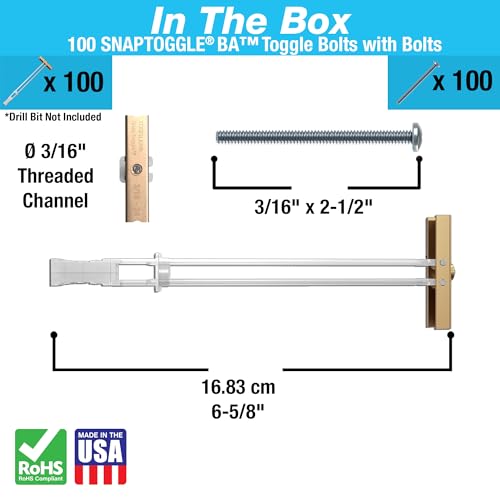 TOGGLER SNAPTOGGLE Heavy-Duty Drywall Toggle Bolt – 3/16"-24 UNC Zinc-Plated Anchor for Hollow Walls, Plaster & Tile – Holds 238 lbs in 1/2" Drywall, Easy Install – 100 Pack (W/Roundhead Bolts)
