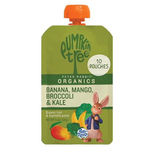Pumpkin Tree Peter Rabbit Organics, Banana, Mango, and Kale, 4 Squeeze Pouch, Mango, Broccoli & Kale, 4.4 Ounce (Pack of 10)