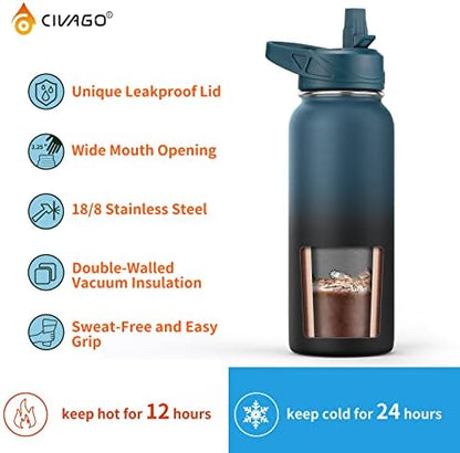 CIVAGO Gallon Insulated Water Bottle Jug with Straw, 128 oz Large Stainless Steel Water Flask, Big Metal Thermal Mug with 3 Lids for Sports, Travel, Gym, and Camping, Black