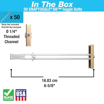 TOGGLER SNAPTOGGLE BB Toggle Anchor, Zinc-Plated Steel Channel, Made in US, 3/8" to 3-5/8" Grip Range, for 1/4"-20 UNC Fastener Size (Pack of 50)