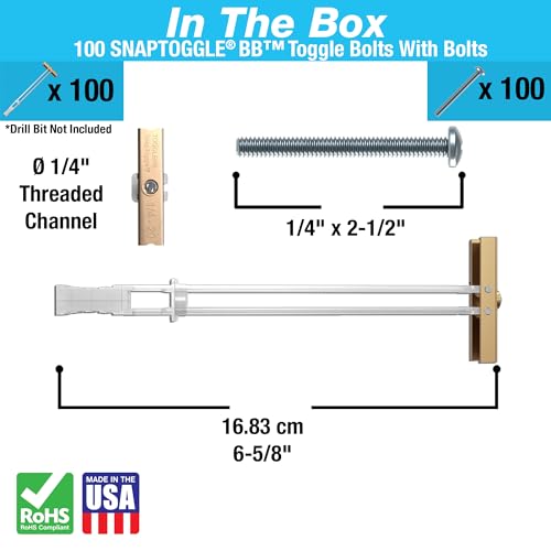 TOGGLER SNAPTOGGLE Drywall Anchor 100-Pack 1/4-in Dia Toggle Bolt ; Holds 265 pounds Each in 1/2-in Drywall by TOGGLER(2.5 inch Bolts Included)