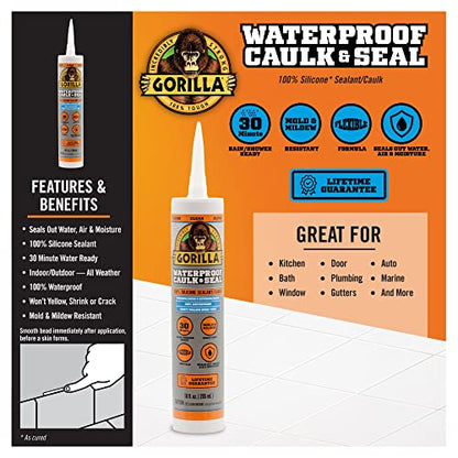 Gorilla Waterproof Caulk & Seal Silicone Sealant, 10Oz Cartridge (Pack of 2) - Clear Caulking Sealant for Kitchen, Window, Bath, Marine, Door and More