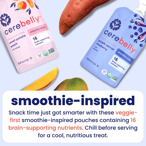 Cerebelly Organic Baby Food Pouches – Dairy Free Smoothies for Toddlers | No Added Sugar, Fiber, Non-GMO | Toddler Smoothie Pouches | 4oz BPA-Free Baby Food | Sweet Potato Peach | 6 Count