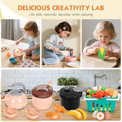 130Pcs Kitchen Playset, Toddler Pretend Cooking Play Pots, Pans, Utensils Cookware, Daily Food Fruit Veges, Shopping Storage Basket, Dessert, Prop Money, Learning Gift for Child (Pink)