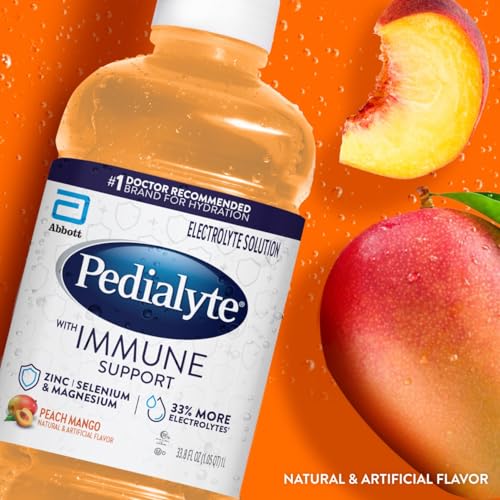 Pedialyte with Immune Support Electrolyte Solution, Hydration Drink with Zinc, Selenium, and Magnesium, Peach Mango, 1 Liter, Pack of 4