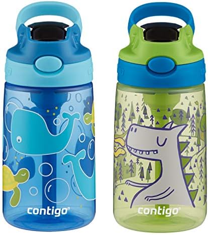 Contigo Aubrey Kids Water Bottle with Silicone Straw and Spill Proof Lid, 14oz, 2-Pack, Whales & Dragon, Blue & Green