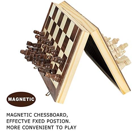 AMEROUS 15 Inches Magnetic Wooden Chess Set - 2 Extra Queens - Folding Board - Pieces Storage Slots, Handmade Portable Travel Chess Game - Beginner Chess Set for Kids, 6 up Age