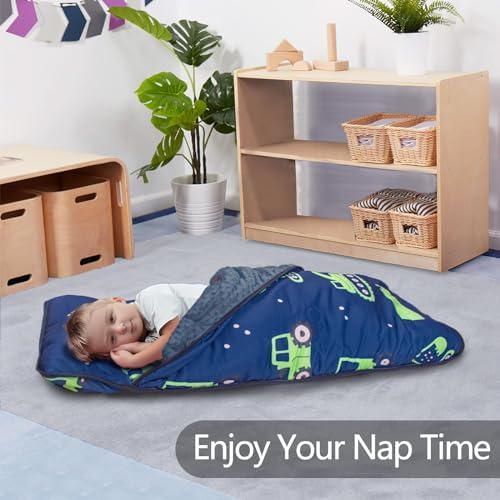 Primlect Thickened Toddler Nap Mat with Removable Pillow and Minky Blanket, Extra Large 55''x35'' Sleeping Bag, Washable, Roll up, Perfect for Daycare, Preschool, Kindergarten, Boys (Excavator)