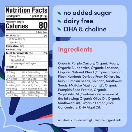 Cerebelly Baby Food Pouches – Organic Dairy Free Smoothies for Toddlers | No Added Sugar, Fiber, Non-GMO | Baby Smoothie Pouches | 4 Ounce BPA-Free Pouch | Purple Carrot Blueberry Smoothie | 12 Count