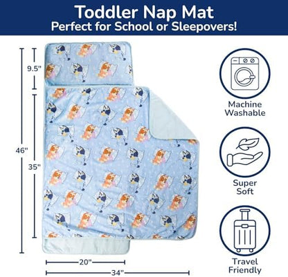 Jay Franco Toddler Nap Mat with Built-in Pillow and Blanket - Soft 46 x 20-inch Microfiber Kids Sleeping Bag for School or Sleepover, Blue - Bluey & Bingo