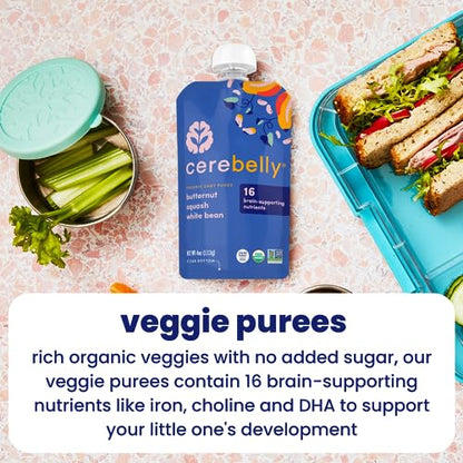 Cerebelly Organic Baby Food Pouches – Organic Hearty Veggie Purees | 16 Nutrients, No Added Sugar, Non-GMO | Blended Toddler Food | 4oz BPA-Free | 4 Flavors | 8 Pack