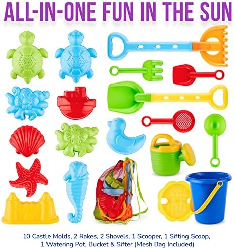 Click N' Play Beach Toys for Kids 3-10 - 18pc Sand Toys Including Sand Buckets for Kids with Sifter, Watering Can, Rake, 4 Hand Tools, 10 Sand Molds & Mesh Beach Toy Bag - Sandbox Toys for Toddlers