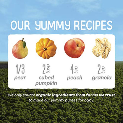 Happy Baby Organics Stage 2 Baby Food Pouches, Gluten Free, Vegan & Healthy Snack, Clearly Crafted Fruit & Veggie Puree, Pumpkin, Peaches & Granola, 4 Ounces (Pack of 16)