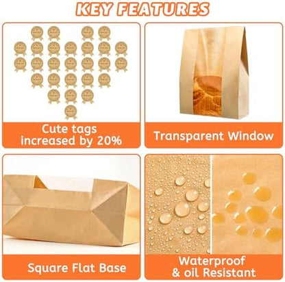 200 Pcs Bread Bags for Homemade Bread, Sourdough Paper Bags With Window, 50% Thicker 13.7x8.2x3.7in, A Large Bakery Bag Used for Storage Sourdough & Snacks, 210 Cute Sealing Stickers With Ties