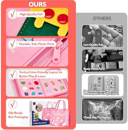 hahaland Toddler Busy Board Montessori Toys, Preschool Educational Learning Toys for 3 Year Old Girl Gifts with Life Skills, Alphabet, Number, Shape, Color, Animal, Weather - Toddler Girl Travel Toy
