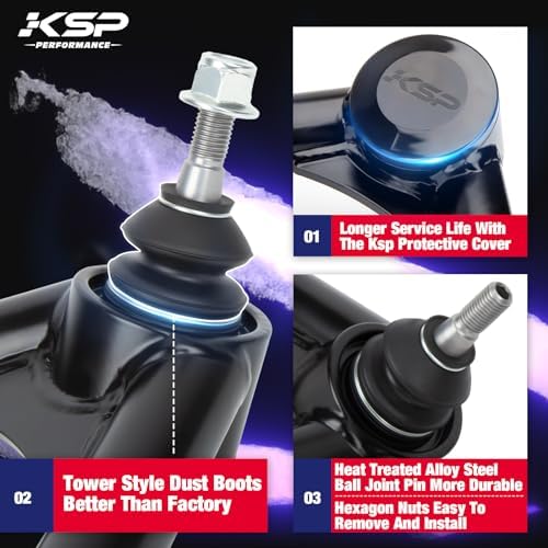 KSP Front Upper Control Arms for Silverado Sierra 1500 1999-2006, 2-4" Adjustable Tubular A-Arm Replacement Factory/Stock Suspension Arms After 2-4 inches Lift On Chevy GMC 4WD 4X4 RWD, 2PCS Black