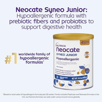 Nutricia Neocate Syneo Junior - Hypoallergenic, Dairy-free, Amino Acid-Based Formula for 1+ Years - For Toddlers, Kids & Teens - Powdered Formula - Syneo Junior - 14.1 oz can (Case of 1)