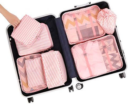 BAGAIL 8 Set Packing Cubes Luggage Packing Organizers for Travel Accessories-White and Pink Stripe