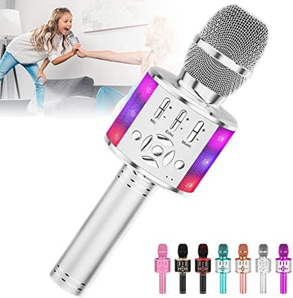 Amazmic Kids Karaoke Microphone Machine Toy Bluetooth Microphone Portable Wireless Karaoke Machine Handheld with LED Lights, Gift for Children Adults Birthday Party, Home KTV(Silver)
