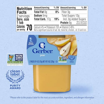 Gerber 2nd Food Baby Food Pear Puree, Natural & Non-GMO, 4 Ounce Tubs, 2-Pack (Pack of 8)
