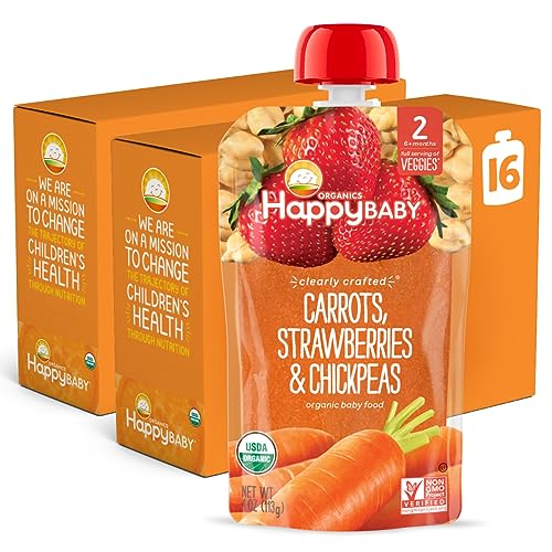 Happy Baby Organics Clearly Crafted Stage 2 Baby Food Carrots, Strawberries & Chickpeas, 4 Ounce Pouch (Pack of 16)