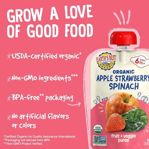 Earth's Best Organic Baby Food Pouches, 6+ Months, Fruit and Vegetable Puree for Babies 6 Months and Up, Organic Strawberry, Apple, and Spinach, 3.5 Ounce Resealable Pouch (Pack of 12)