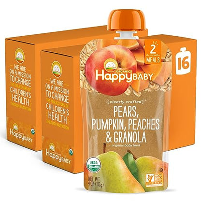 Happy Baby Organics Stage 2 Baby Food Pouches, Gluten Free, Vegan & Healthy Snack, Clearly Crafted Fruit & Veggie Puree, Pumpkin, Peaches & Granola, 4 Ounces (Pack of 16)