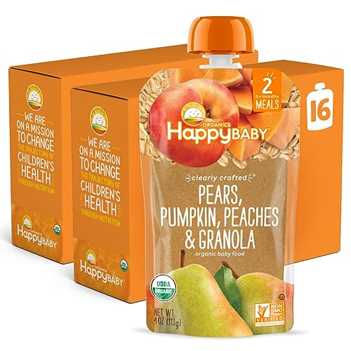 Happy Baby Organics Stage 2 Baby Food Pouches, Gluten Free, Vegan & Healthy Snack, Clearly Crafted Fruit & Veggie Puree, Pumpkin, Peaches & Granola, 4 Ounces (Pack of 16)