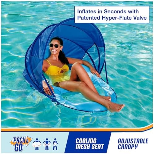 SwimWays Spring Float Premium Recliner with Canopy Pool Lounger, Inflatable Pool Floats Adult with Fast Inflation for Ages 15 & Up, Sky Blue
