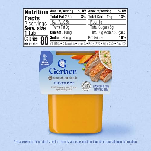 Gerber Baby Food 2nd Foods, Dinner, Turkey & Rice Puree, 4 Ounce Tubs, 2-Pack (Pack of 8)