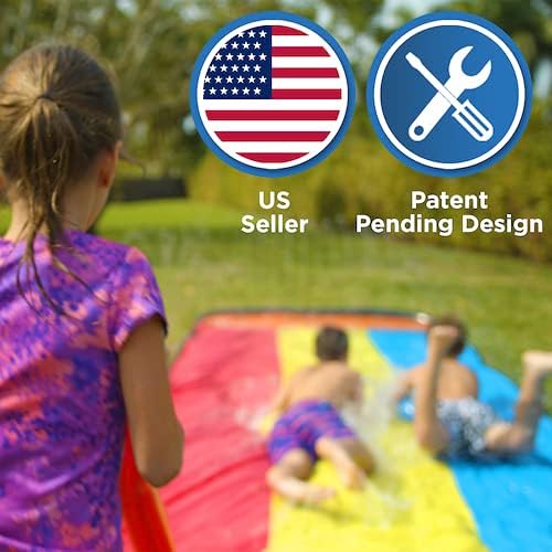 JAMBO Premium Triple Water Slide and 3 Bodyboards, Updated Model Slip Splash and Slide Heavy Duty Water Slides- 3-Way Sprinkler System, Splash Mat Pad, Backyard Outdoor Water Toys n Slides for Kids