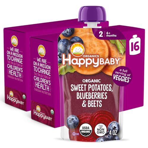 Happy Baby Organics Stage 2 Baby Food Pouches with One Full Serving of Veggies, Nutritious Snack, Clearly Crafted Fruit & Veggie Puree, Sweet Potatoes, Blueberries, & Beets, 4 Ounces