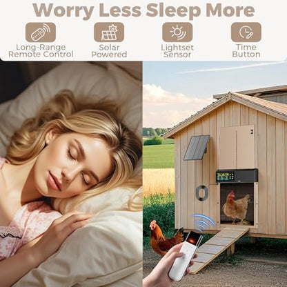Automatic Chicken Coop Door Solar Powered with Remote Control, Timer and Light Sensor, 4 Modes, Color LCD Display, Aluminum Chicken Door with Adjustable Anti-Pinch
