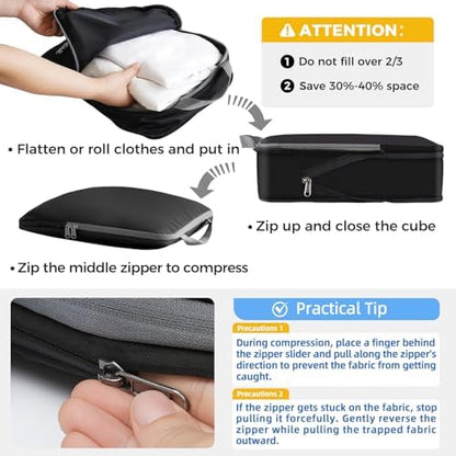 BAGAIL 4 Set/6 Set/8 Set Compression Packing Cubes Travel Accessories Expandable Packing Organizers (Cloth Pattern, 4-Black)