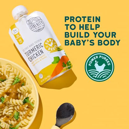 Serenity Kids 7+ Months Chicken Puree Pouch with Bone Broth - Pasture-Raised Turmeric & Veggie Blend - Clean Label Project Purity Award Certified - 3.5 Oz, 12 Pack