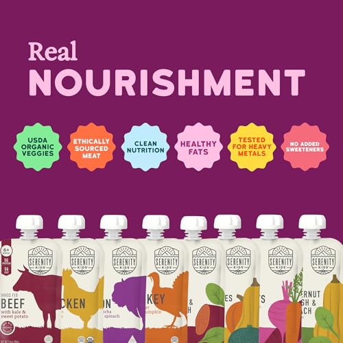 Serenity Kids 6+ Months Meats + Veggies Mixed Baby Food Puree Pouch Variety Pack 18 Count- No Sugary Fruits or Added Sugar - 3.5 Oz BPA & Allergen Free Pouch- Baby Puree Variety Pack - Pouches - Bison