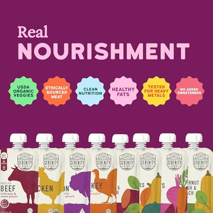 Serenity Kids 6+ Months Meats + Veggies Mixed Baby Food Puree Pouch Variety Pack 18 Count- No Sugary Fruits or Added Sugar - 3.5 Oz BPA & Allergen Free Pouch- Baby Puree Variety Pack - Pouches - Bison