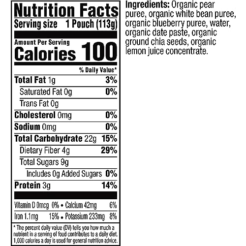 Plum Organics Mighty Builder Organic Toddler Food - Pear, White Bean, Blueberry, Date, and Chia - 4 oz Pouch (Pack of 12) - Organic Fruit and Vegetable Toddler Food Pouch