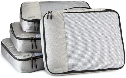 Amazon Basics 4 Piece Packing Cubes Travel Organizer Set with Double Zipper, Mesh Top, Large, Gray