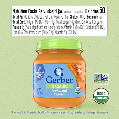 Gerber Stage 1 Baby Food, Organic Butternut Squash Jar, Baby Puree, Non-GMO, Vegetable, Puree Jars Glass, 10-pack