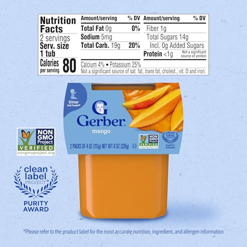 Gerber 2nd Food Baby Food Mango Puree, Natural & Non-GMO, 4 Ounce Tubs, 2-Pack (Pack of 8)