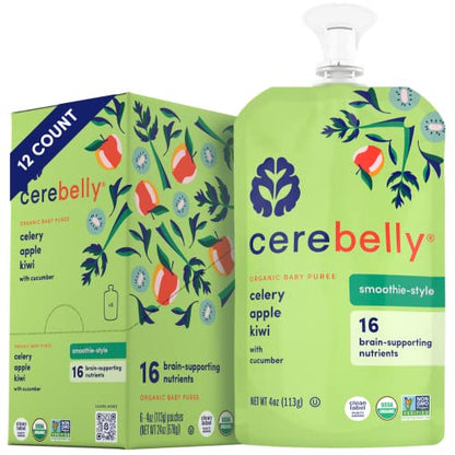 Cerebelly Organic Baby Food Pouches – Dairy Free Smoothies for Toddlers | No Added Sugar, Fiber, Non-GMO | Toddler Smoothie Pouches | 4oz BPA-Free Baby Food | Celery Apple Kiwi | 12 Count