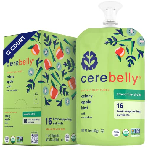 Cerebelly Organic Baby Food Pouches – Dairy Free Smoothies for Toddlers | No Added Sugar, Fiber, Non-GMO | Toddler Smoothie Pouches | 4oz BPA-Free Baby Food | Celery Apple Kiwi | 12 Count