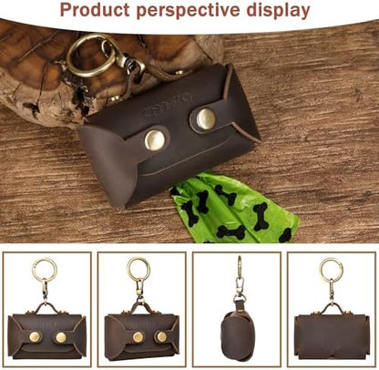 Handmade Leather Dog Poop Bag Dispenser - Stylish and Durable with Belt Attachment for Dog Walkers, Featuring a Brass Metal Clip in Coffee