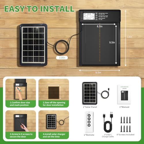 ONKO Automatic Chicken Coop Door Solar Powered with LCD Display, Automatic Chicken Door with Timer & Light Sensor - Remote Control, Anti-Pinch Safety Design & Durable Aluminum Alloy Construction