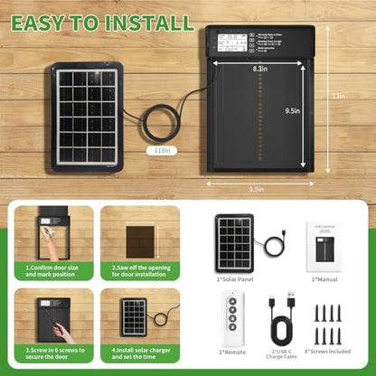ONKO Automatic Chicken Coop Door Solar Powered with LCD Display, Automatic Chicken Door with Timer & Light Sensor - Remote Control, Anti-Pinch Safety Design & Durable Aluminum Alloy Construction