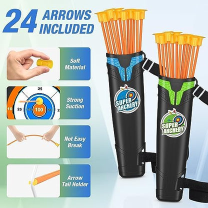 2 Pack Bow and Arrow with Moving Target for Kids, LED Light Up Archery Set with 24 Suction Cup Arrows, 6 Score Targets & 2 Quiver, Indoor Outdoor Sport Gifts for Boys Girls Ages 4-12
