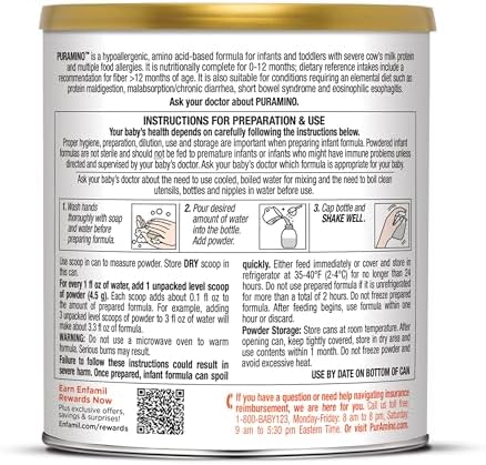 PurAmino Hypoallergenic Infant Drink, for Severe Food Allergies, Omega-3 DHA, Iron, Immune Support, Powder Can, 14.1 Oz