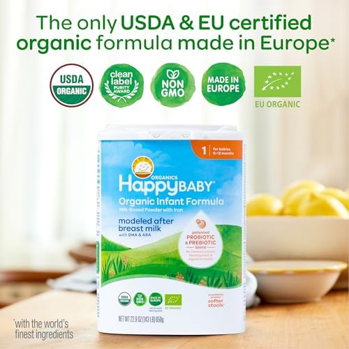 Happy Baby Organics Stage 1 Infant Formula, 0-12 Months, Milk Based Organic Baby Formula Powder with Iron, Probiotics & Prebiotics for Immune & Digestive Support, 22.9 Ounce (Pack of 1)