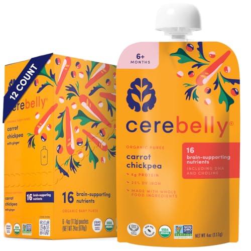 Cerebelly Baby Food Pouches – Organic Veggie Purees for Toddlers | No Added Sugar, Fiber, Non-GMO | Blended Toddler Pouches | 4 Ounce BPA-Free Pouch | Carrot Chickpea | 12 Count